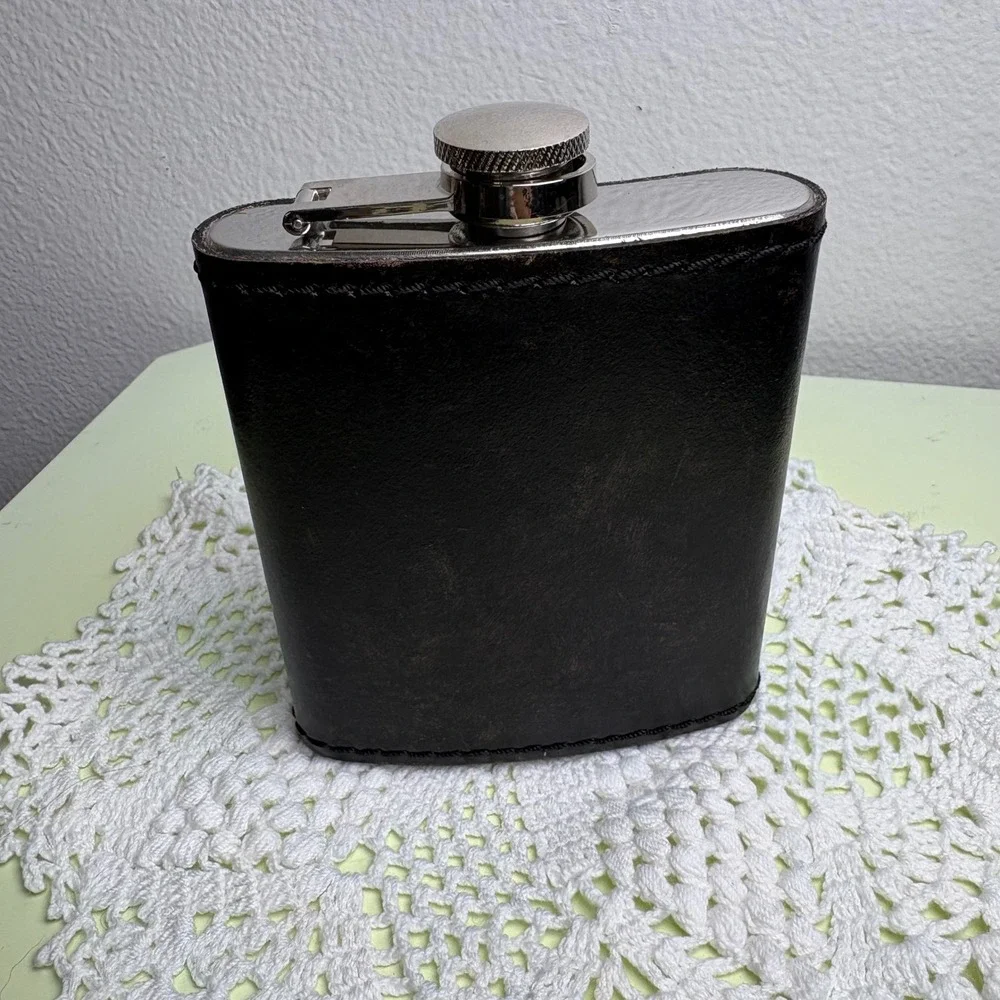 Vintage Unbranded Hip Flask Stainless Steel Faux Leather 7oz